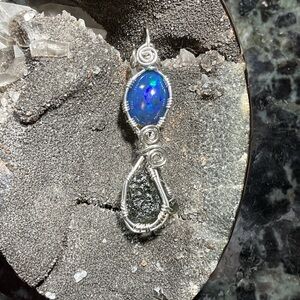 Black Opal and Moldavite.925 Silver Wirewrap Pendant